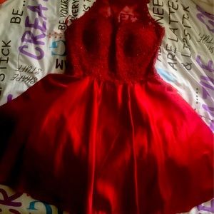 Red dress cute for a dance, prom, or graduation.